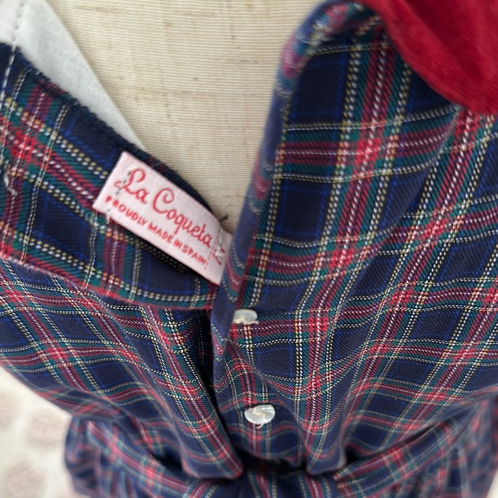 Plaid Holiday Dress with Burgundy Collar - Picture 2 of 5